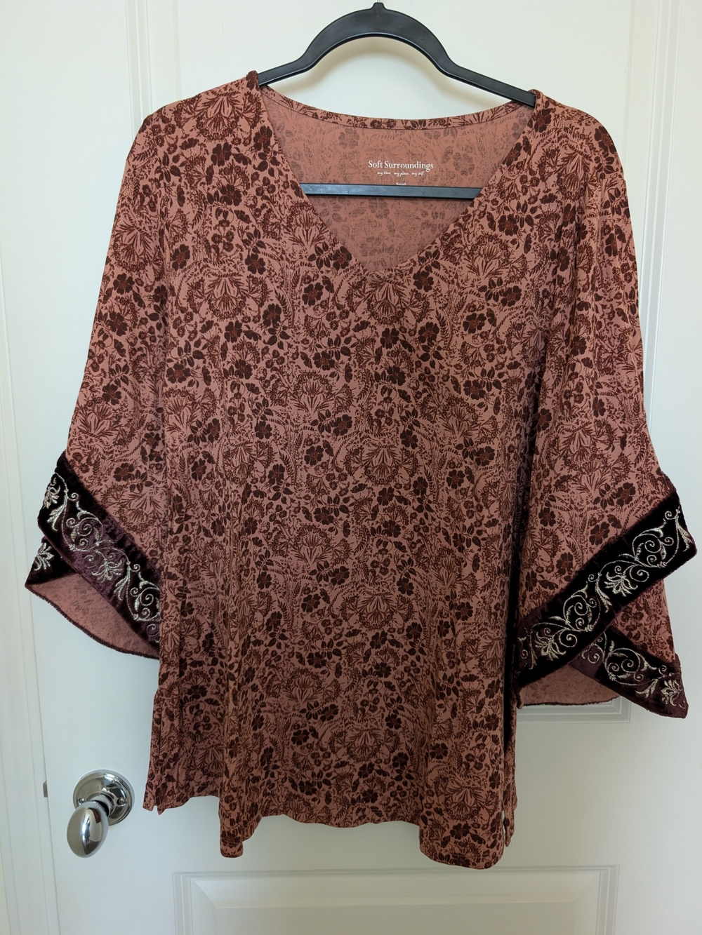 Soft Surroundings Rose-Brown Floral V-Neck Tunic with Velvet Trim